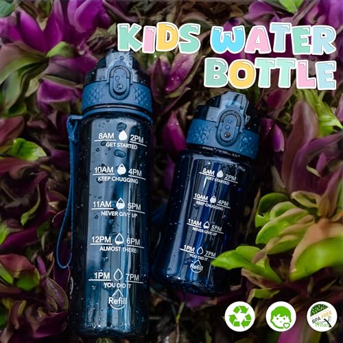 OLDLEY 17oz Kids Water Bottle, Tritan BPA-Free, Leakproof Flip Straw Lid, Motivational Time Marker, Carry Strap, Reusable Clear Water Bottle for Boys & Girls,Slate Blue - color: Slate Blue, style: 17 Ounces