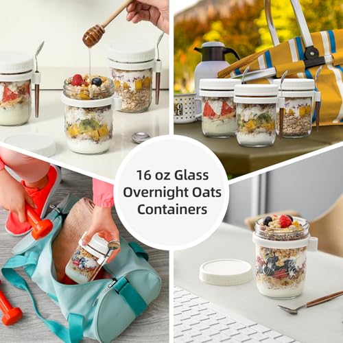 LANDNEOO 4 Pack Overnight Oats Containers with Lids and Spoons, 16 oz Glass Mason Jars with Airtight Lids, Overnight Oats Jars for Milk, Cereal, Fruit-White - color: White