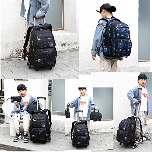 VIDOSCLA Elementary Galaxy Teens Rolling Backpack Kids Boys Luggage with Wheels Trolly BookBag for School-6 Wheels - color: Black-3pcs 6 Wheels, style: 6 Wheels 3pcs