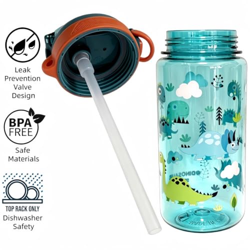 20oz Leak Proof Kids Water Bottle, Sturdy and drop-resistant, with Straw & Handle for School Travel, BPA Free, Dishwasher Safe (Dinosaur) - color: Dinosaur