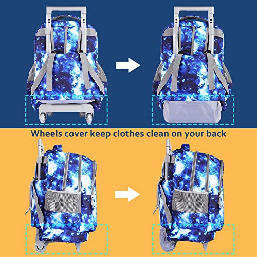 seastig Rolling Backpack 18in Double Handle Backpack Kids Wheeled Backpack Roller Backpack with Lunch Bag Set Girls Boys - color: Blue Starry Sky