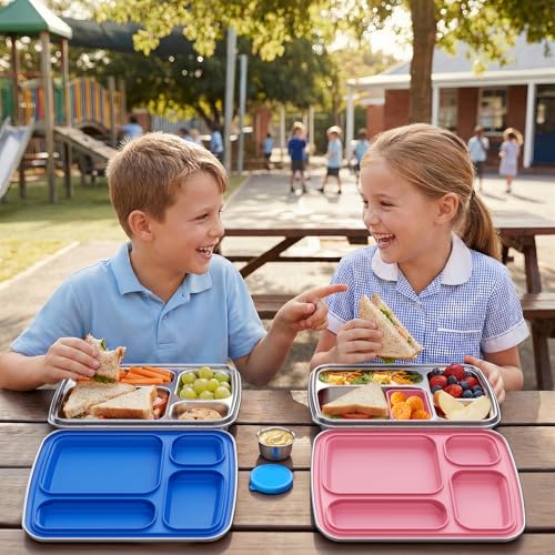 Stainless Steel Bento Box for Kids, Kids Lunch Box with 4-Compartment, Metal Lunch Box with Silicone Container & Sauce Cup, Durable Lunch Box Containers for School and Office (Blue) - color: Blue