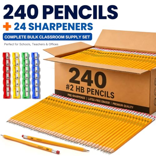 240 Pack #2 HB Pre-Sharpened Wood-Cased Graphite Pencils Bulk Pack with 24 Pencil Sharpeners and Top Erasers, for Writing, Drawing and Sketching, School, Classroom, Office & Standardized Testing (240)