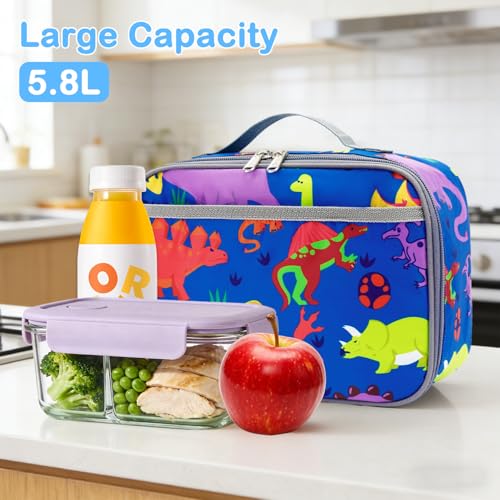 FlowFly Kids Lunch box Insulated Soft Bag Mini Cooler Back to School Thermal Meal Tote Kit for Girls, Boys, Dinosaur - color: Dinosaur