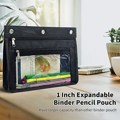 YoeeJob 2 Pack 1 Inch Expandable Zipper Pencil Pouches with Clear Window for 3 Ring Binder, Suitable for School & Office (Black) - color: Black