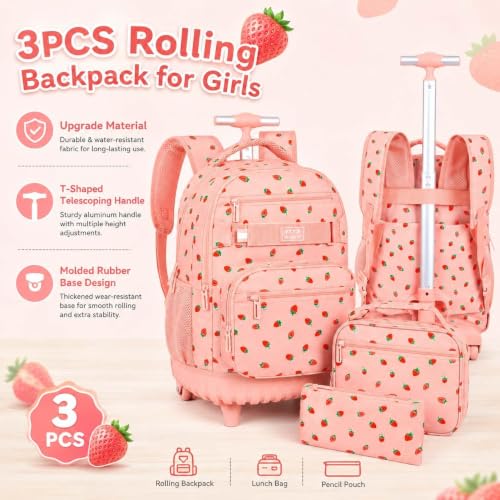 3Pcs Rolling Backpack for Women Girls with Large Wheels, 20 Inches Detachable Wheeled Backpack Set, Adults Water Resistant Roller Backpack for Travel, Work, College School (Pink) - color: Pink Strawberry