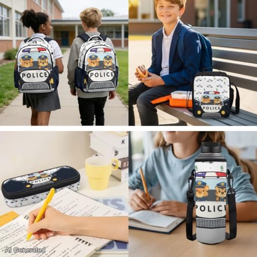 Cute Police Car Backpack for Kids Backpack Set of 4 with Lunch Bags Box Pencil Pouch for Boys Age 6-12 4Th 5Th 6Th Grade Water Bottle Holder Middle Kindergarten Primary School Bag 17 inch - color: Cute Police Car