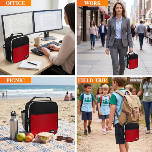 opux Insulated Lunch Bag for Kids Boys Girls, Small Compact Lunch Box with Wide Opening & Mesh Pockets, Reusable Lunch Pail for School, Work, Adults, Men, Women, Red - color: Red
