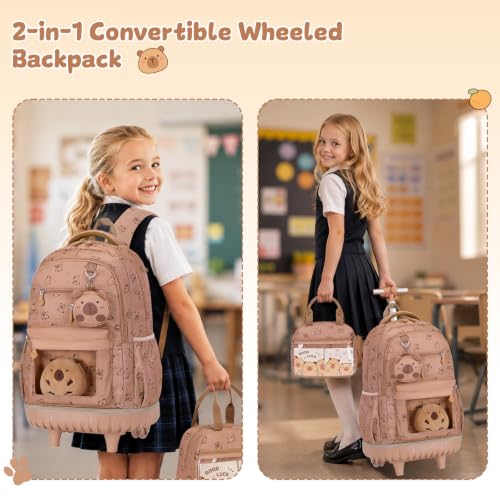 Capybara Theme Rolling Backpack with Lunch Bag & Pencil Case, Kids Rolling Backpack for Girls, Wheeled School Bookbag with Telescoping Handle for Kindergarten Elementary Middle High School - color: Brown