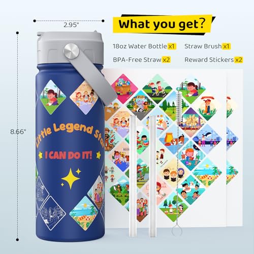 GoKEDA Kids Water Bottle with Stickers, 18oz Vacuum Double Insulated Cup with Straw, 316 Stainless Steel Bottles for School, Gift for Boy(Dack Blue) - color: Dark Blue