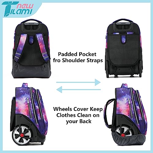 NEW TILAMI 19 inch Rolling Backpack Teens Rolling Backpack Cute Wheeled Laptop Backpack Bookbag Roller Travel Bag College, Starry Purple - color: Purple Starry