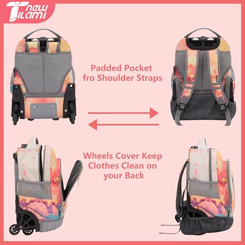 NEW TILAMI 16 Inch Rolling Backpack with Lunch Bag for Kids Adjustable Handle Carry-on Suitcase Wheels for Girls Boys School Travel Camping, Starry Rainbow - color: Starry Rainbow