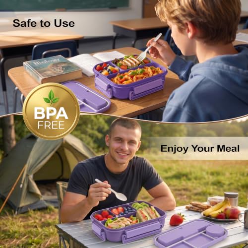 Bento Box Adult Lunch Box, Lunch Containers for Adults 44.5 Oz/5 Cup,Purple | BPA-Free, Lid-Top Sauce Tray, Leak-Proof, 1300mL, Removable Silicone Sealing Ring, Lid-Top Utensil Slot with Included Cutlery - color: Purple