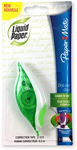 Paper Mate 660415 Liquid Paper DryLine Grip Correction Tape Dispenser, Pack of 3; Transparent Green Body; 1/5 inches Wide x 27.8 feet Long White Tape; Applies Dry, Rewrite Instantly; Swivel Tip - size: 1 Count (Pack of 3)