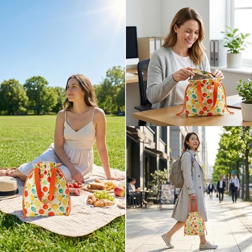 Solid Color & Fruit Print Lunch Bag, Insulated Leakproof Drawstring Pouch with 5mm Anti-Sag Base for Adult Work Commute Picnic (Lemon Fruit Print) - color: Lemon Fruit Print