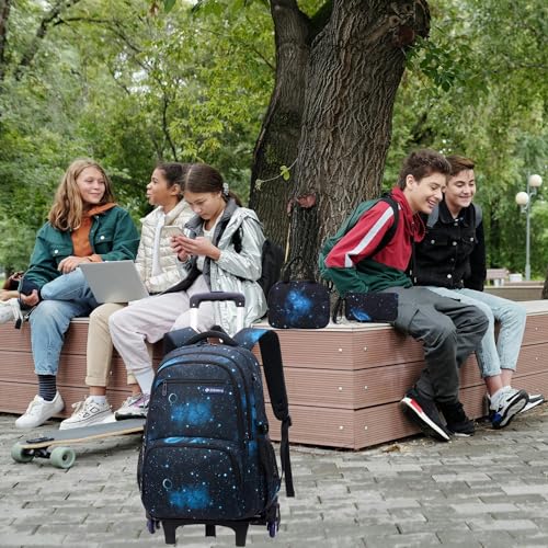 3Pcs Boys Galaxy Rolling Backpack Kids Backpack with Wheels Trolley Bookbag Wheeled School Bag with Lunch Bag - color: Large 6wheels-3pcs Black Blue-starry Sky, size: Large 3-Piece Set