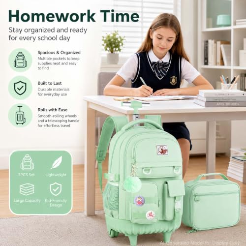 WZLVO Rolling Backpack for Women, 21 inch Roller Wheels Backpacks with Lunch Bag, Water Resistant Wheeled Bookbag for Teens Girls Travel Elementary - Green - color: Green
