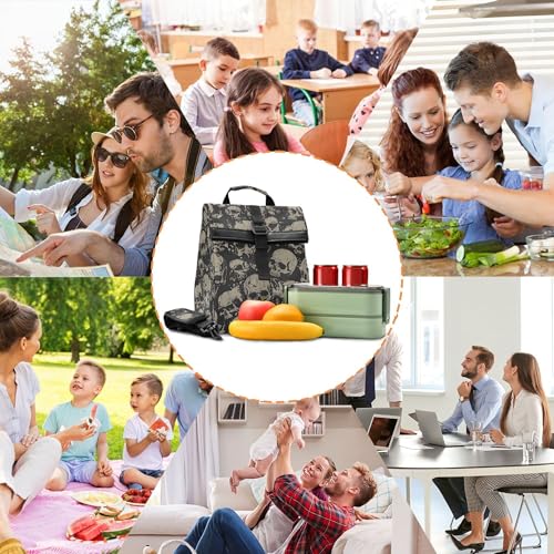 MNSRUU Insulated Lunch Bags Women Men, Grunge Skulls Portable Reusable Thermal Meal Tote Cooler Bag Organizer, Adjustable Shoulder Strap, Handle - color: Skulls 021