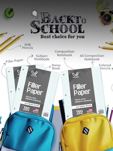 Notebook Paper USA-Made Loose Leaf Paper, 24 Pack 3600 Sheets 8"x10.5" Quad Ruled - 3-Hole Punched Bulk Filler Paper for 3-Ring Binder, 150 Sheets/Pack, Wholesale Available - color: Graph Ruled, size: 24 PACK(3600 SHEETS)