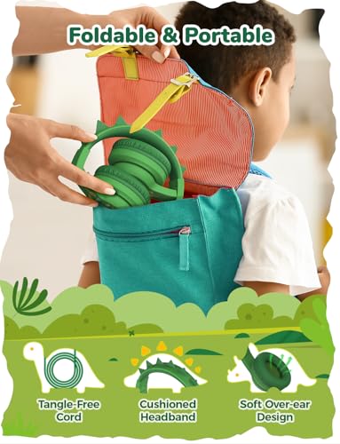 iClever Kids Headphones for School Travel, Safe Volume 85dBA, Stereo Sound Over-Ear for Kid, Foldable 3.5mm Wired Dinosaur Headphones for iPad Computer, HS19S - color: Dinosaur Green