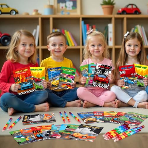 BenLouis 24 Race Car Mini Coloring Books Kids with 24 Stacking Crayons Racing Theme Party Favors Activity Books Bulk for Kids Fast Racecar Wheel Birthday Goodie Bag Gift Stuffer Classroom Reward - style: Racecar