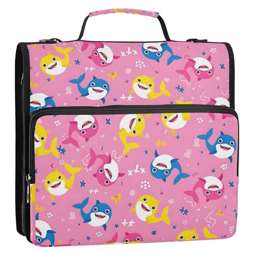 3 Ring Zipper Binder with Shoulder Strap Shark Cartoon Pink 2 Inch Zippered Binder Bag 500 Sheet Capacity Multi Pockets for School Supplies - color: Multi20