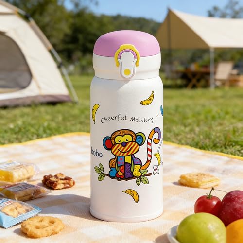 Kids Insulated Water Bottle with Straw & Direct Sip, BPA-Free Stainless Steel, Leak-Proof Cartoon Animal Design, Perfect for Toddlers at School or Outdoors (Purple,12oz) - color: Purple