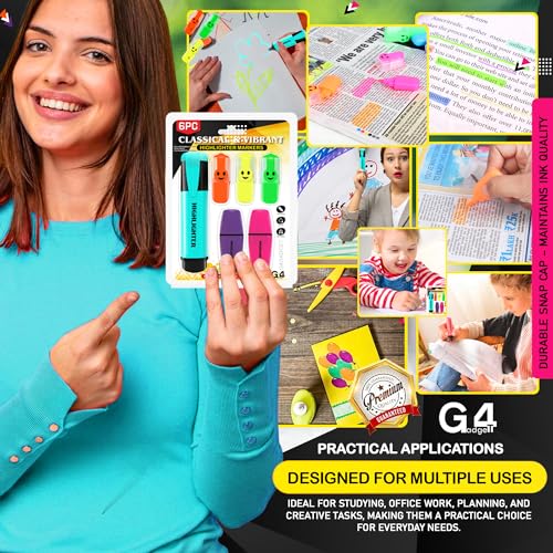 G4GADGET 6 Pack Assorted Highlighter Pens – Classic & Mini Highlighters for Study, Office & Use | No Bleed, Smear Free, Vibrant Colours | Cute & Pastel Markers for School, Notes & Journals