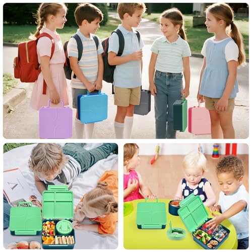 MAXSO Bento Lunch Box Set for Kids with 8 oz Soup Thermo, Leakproof Hot Food Container with 4 Compartments, Insulated Food Jar for Toddler Daycare Boys Girls School - Green - color: Green