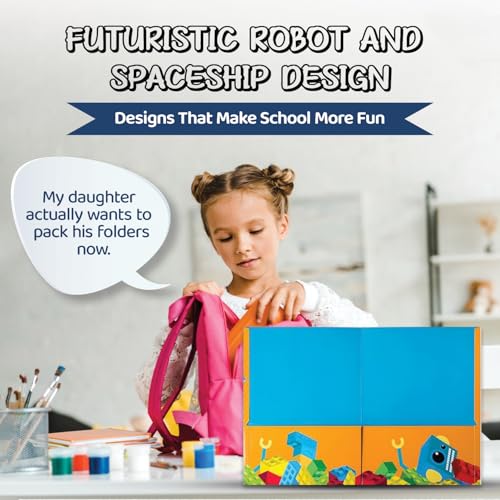 8 Kids Pocket Folders - Homework Folders in Futuristic Robots, Spaceships and Blocks Themes - Kids Folders with Pockets -8 Unique Designs in Front and Back Cover- 2 x 9.25 inch (8 Pack) - style: Futuristic Robots