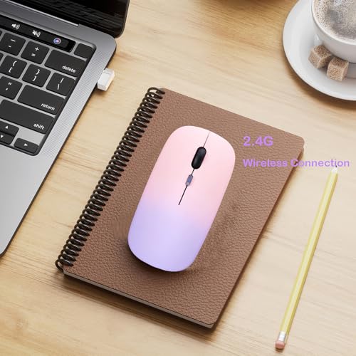 LED Wireless Mouse, Slim Silent Dual-Mode 2.4G+BT Rechargable 7-Color Portable Mobile Optical Office Mouse with USB Receiver, 3 Adjustable Levels for Notebook,PC,Computer, MacBook-Gradient pink purple - color: Gradient pink purple