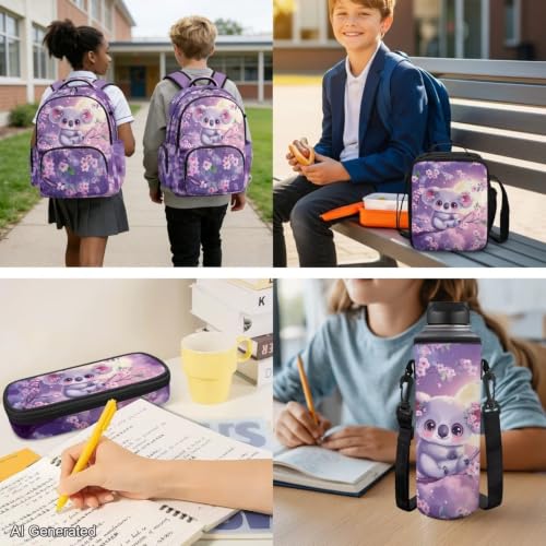 Purple Koala Backpack for Girls Boys Backpack with Lunch Box Water Bottle Carrier Kawaii Pencil Case 4 in 1 Cute Koala Bookbag for Kids 8-12 for Bring the School Supplies and Snacks Books - color: Cute Koala