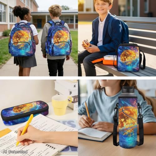 Cool Basketball Backpack for Boys Girls Kids Backpack with Lunch Box and Water Bottle Holder Large Pencil Case 4PCS Set Bookbag with Front Pocket for School Teens 17 inch School Bag Gifts - color: Cool Basketball