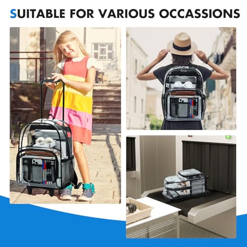 Rolling Clear Backpack Heavy Duty, 3-Stage Telescopic Handle Transparent Bookbag with wheels, See Through Backpack for College, Work, Travel