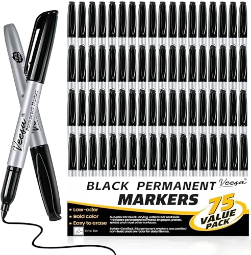 VEESA Black Permanent Markers Fine Tip, 75 Pack, German Ink | Quick Drying, Fade Resistant, Marks on Paper, Glass, Ceramic, Plastic, Wood, Rock, Metal - size: 1 Count (Pack of 75)