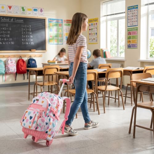 Meetbelify Rolling Backpack for Girls Boys Backpacks with Wheels Kids Carry on Luggage for Girls Boys - color: White Love
