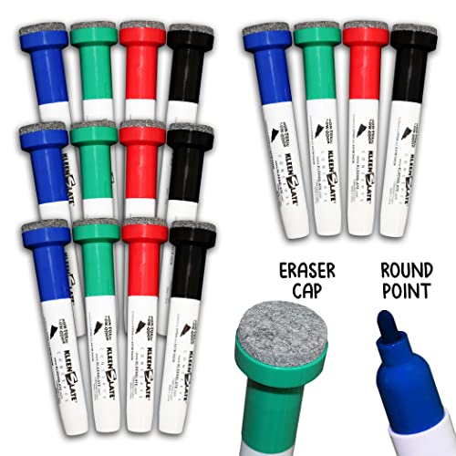 KleenSlate (12) Pack Large Color Dry Erase Markers with Eraser Cap, Round Point