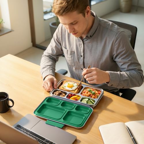 Pawtong Stainless Steel Lunch Box, 5-Compartment Bento Lunch Box for Kids & Adults,Metal Lunch Box with Removable Silicone Container, Lunch Box Containers for School,Office(Green) - color: Green
