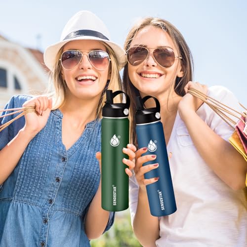 SENDESTAR Insulated Water Bottle 24 OZ, Wide Mouth 24 oz Water Bottle with Straw Lid, Spout Lid, Double Wall Vacuum Stainless Steel Leak Proof, Keeps Liquids Hot or Cold (Green & Blue) - color: Green & Blue, size: 24 Ounces