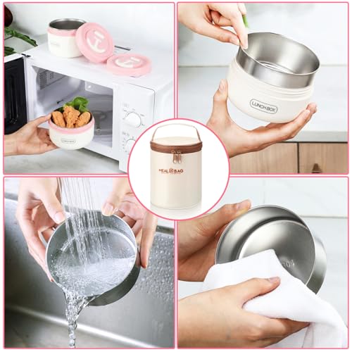 Dandat 2 Pcs Portable Insulated Lunch Containers Thermal Bento Box with Bag Fork Knife Stainless Steel Lunch Box 15.2 oz 21 oz Separate Stackable Food Jar for Adult Men Women(Pink) - color: Pink