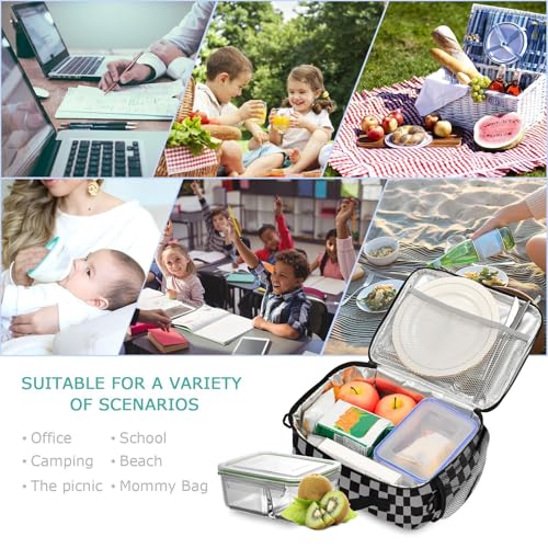 Custom Student Lunch Bag for Boys Girls Gray Black Checkered Personalized Lunch Box With Name Insulated Cooler Bag for School Picnic Travel - color: Multi19
