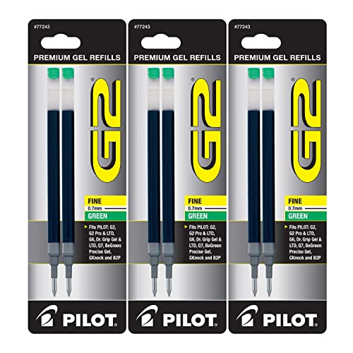 Pilot G2 Gel Ink Pen Refills, Fine Point, 0.7mm, Green Ink, 6 Refills