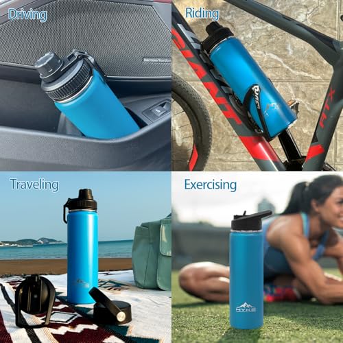 24oz Insulated Water Bottle–Vacuum Stainless Steel Bottle with | Straw, Spout, Handle, 3 Lids–Leak Proof, BPA Free, Fits Cup Holders–Metal Thermos for Hiking, Gym, Car, Bike (Light Blue) - color: Light Blue