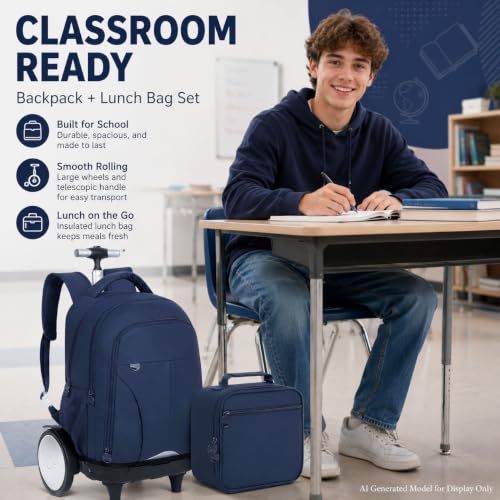 AGSDON Quiet Glide Rolling Backpack with Lunch Box Set - Large Wheel Water-Resistant Wheeled Bag for Business, Travel, and College | Navy Blue 3-in-1 Organizer Backpack - color: Reflective Blue - Rolling Backpack