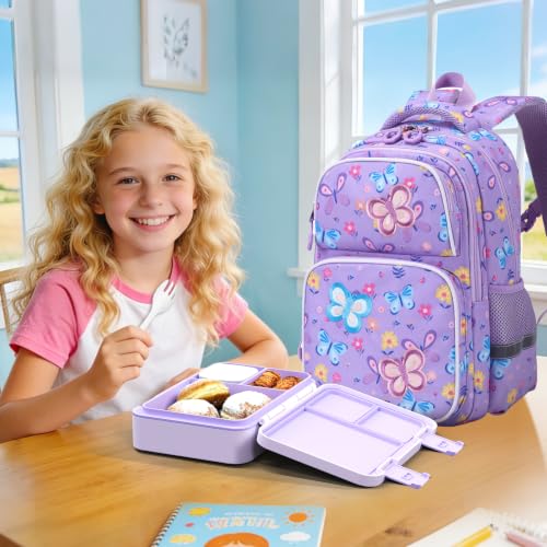 Kids Backpack for Girls 4-8, Cute 3D Embroidered Butterfly Toddler Backpack with 34oz Lunch Box, Insulated Bag, Pen Case & Utensils, School Bookbag for Preschool Kindergarten Elementary - color: Butterfly