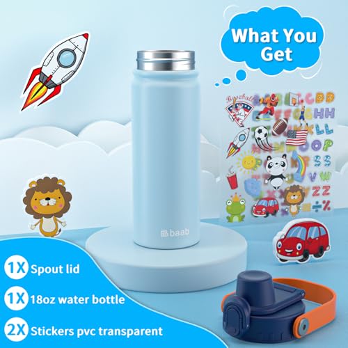 baab 18oz Kids Water Bottle, Insulated Kids Water Bottle with Lockable Spout Lid & Stickers, 18/8 Stainless Steel Vacuum Leakproof Kid Water Cup with Handle for Boy & School (Light Blue+Navy Blue) - color: Light Blue+Navy Blue, size: 18 Ounces