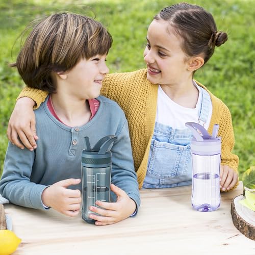 14oz Clear Kids Water Bottle with Straw Lid, BPA-Free Tritan, Measurement Scale, Sturdy Handle Wide Mouth Leak-proof Reusable Plastic Bottle for Boy& Girls, Back to School(Dark blue) - color: Dark blue