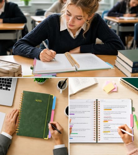 JASLEKO 3 Subject Notebook College Ruled with Dividers Tabs, 100 GSM Leather Hardcover Spiral Notebooks for School Work, 240 Pages Large Cute Notebook Journal for Women Men, College Students,Green - color: Green
