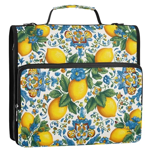 3 Ring Zipper Binder Lemon Yellow Blue Bohemian Binders Bag with Shoulder Strap 500 Sheets Paper Organizer Trapper Keeper Documents Storage File Folder for School Office - color: A2810