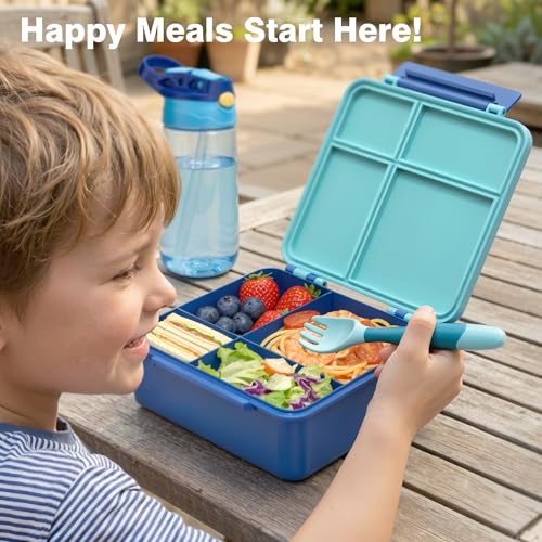 HOMEKOL Bento Lunch Box Set for Kids, Blue | with Stainless Steel Insulated Food Jar, Plastic Water Bottle, Bag and Silicone Spoon and Fork for Boys Girls - color: Blue
